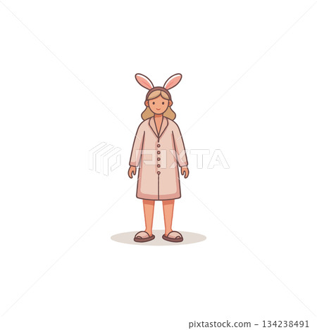 The girl wears bunny ears and a pink coat in joyful anticipation of spring holiday celebration time 134238491