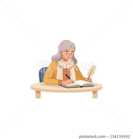 Older woman writing notes using feather quill and inkwell on the desk capturing creativity and 134238492