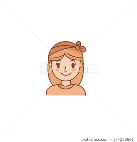 Delightful illustration depicting a cheerful young woman with bow enhancing her light brown hair Delightful illustration depicting a cheerful young woman with bow enhancing her light brown hair 134238601