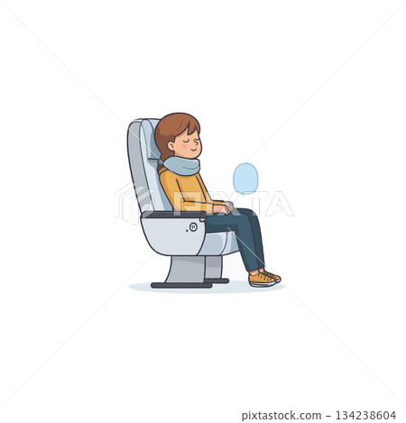 Serene journey depiction: a relaxed young woman enjoying flight tranquility with a travel pillow Serene journey depiction: a relaxed young woman enjoying flight tranquility with a travel pillow 134238604
