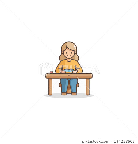 Digital domain: Woman engrossed in video game console with serene focus near study desk 134238605