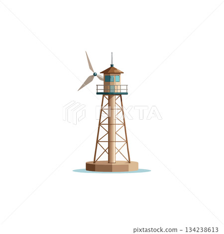 Illustrative windmill-shaped structure atop observation tower presenting clean energy integration 134238613