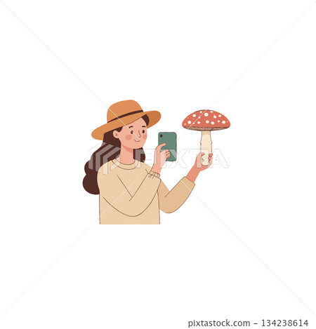 Capturing fungi marvels: A woman documenting nature's unique formations on her phone exploring 134238614