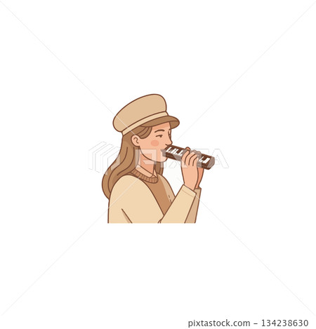 Whimsical melodic journey featuring a charming young woman playing melodica with serene Whimsical melodic journey featuring a charming young woman playing melodica with serene 134238630
