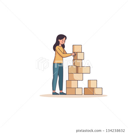 Woman constructing a tower of blocks illustration playfully building concept playfully building Woman constructing a tower of blocks illustration playfully building concept playfully building 134238632