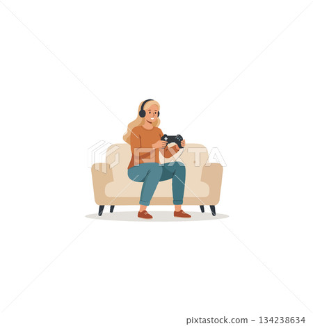 A young woman enjoying video gaming on a couch with focus and determination, wearing headphones A young woman enjoying video gaming on a couch with focus and determination, wearing headphones 134238634