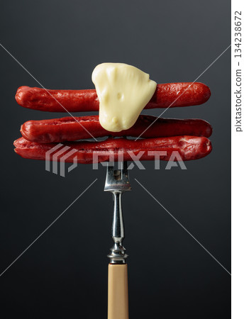Thin grilled sausages with cheese. Thin grilled sausages with cheese. 134238672
