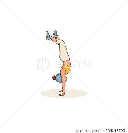 Young woman demonstrating a handstand pose with balance and core strength in a clean white Young woman demonstrating a handstand pose with balance and core strength in a clean white 134238705