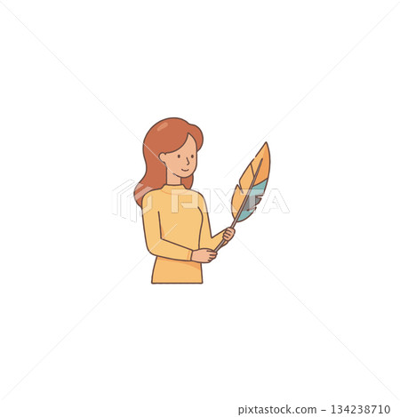 Woman holding a decorative feather with detailed design, showing tranquility and creative Woman holding a decorative feather with detailed design, showing tranquility and creative 134238710