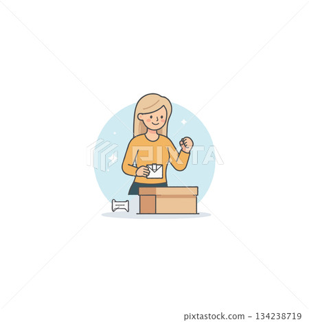 Illustration depicting a cheerful woman joyfully opening a package or present revealing letter 134238719