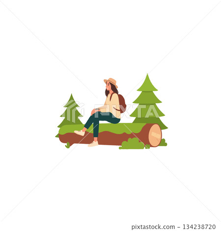Relaxed adventurer enjoying nature, taking a rest on a fallen tree trunk after trekking through 134238720