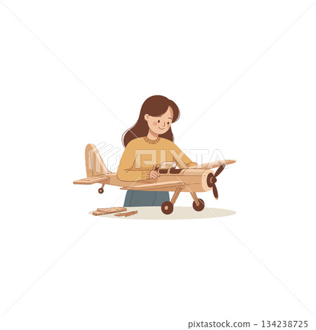 Young woman constructing intricate wooden airplane model showcasing focus artistry hobby and Young woman constructing intricate wooden airplane model showcasing focus artistry hobby and 134238725