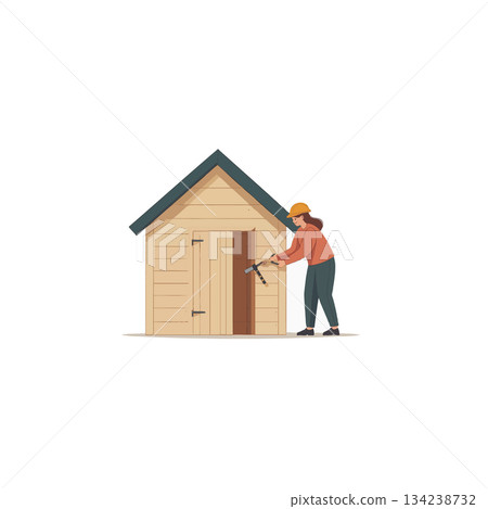 Woman repairs rustic wooden shed door using tools illustrating home improvement activities and Woman repairs rustic wooden shed door using tools illustrating home improvement activities and 134238732
