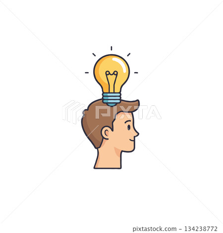 Illustration of creative thought process showing a human head supporting an illuminated light bulb Illustration of creative thought process showing a human head supporting an illuminated light bulb 134238772