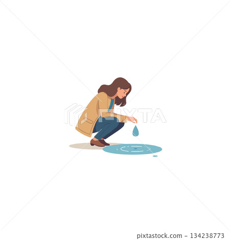 Contemplative moment: Woman observes a single drop creating ripples in a small puddle surface 134238773