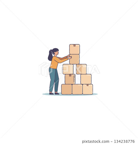 Woman arranging a stack of cardboard boxes in a neat pyramid formation against a white background 134238776
