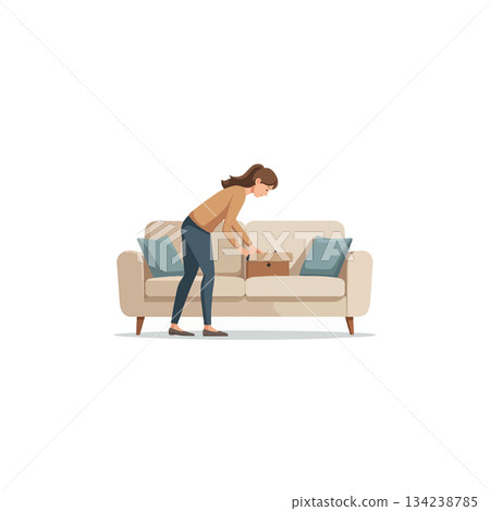 Woman placing a cardboard box on a cream-colored sofa in a minimalistic living room setting a 134238785