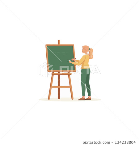 Woman teaching with an easel, chalk writing a lesson, explaining concept in the classroom or Woman teaching with an easel, chalk writing a lesson, explaining concept in the classroom or 134238804