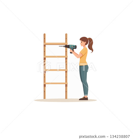 Woman assembling wooden shelving unit with power drill in home improvement project showcasing DIY Woman assembling wooden shelving unit with power drill in home improvement project showcasing DIY 134238807
