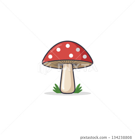 Whimsical fungal illustration showcasing a vibrant red mushroom with white spots and verdant grass Whimsical fungal illustration showcasing a vibrant red mushroom with white spots and verdant grass 134238808
