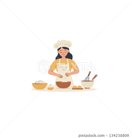 A joyful culinary artist preparing a delightful dish with traditional tools enhancing home baking 134238809