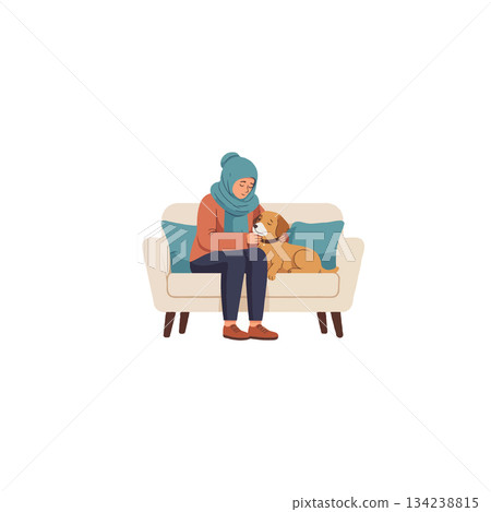 A tranquil moment: Comforting canine companion while resting on a cozy sofa indoors home setting A tranquil moment: Comforting canine companion while resting on a cozy sofa indoors home setting 134238815