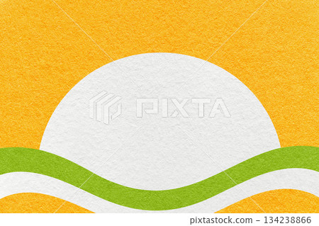 Yellow textured paper background with white circle for copy space and green waves for poster, banner, presentation 134238866