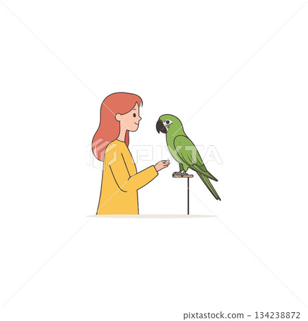 A gentle moment shared: Woman interacting with vibrant green parrot perched gracefully on stand in A gentle moment shared: Woman interacting with vibrant green parrot perched gracefully on stand in 134238872