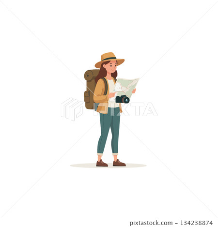 Adventurous female explorer with backpack, straw hat, and map charting her solitary course through 134238874