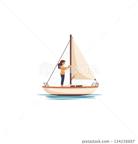 Woman sailing a small sailboat in calm blue waters embodying nautical adventures during summer 134238887