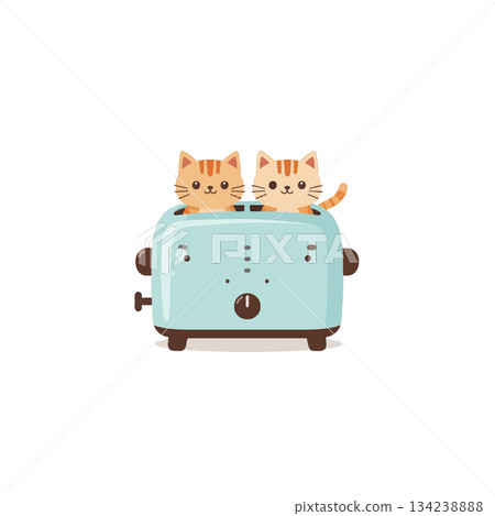 Cartoon kittens playfully peering out from a charming light blue toaster in a delightful Cartoon kittens playfully peering out from a charming light blue toaster in a delightful 134238888