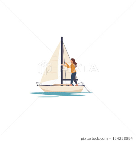 Woman sailing a small boat on a calm sea under clear skies enjoying a peaceful coastal adventure Woman sailing a small boat on a calm sea under clear skies enjoying a peaceful coastal adventure 134238894