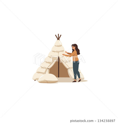 Whimsical camping adventure featuring a handmade tent perfect for creative imaginative children's Whimsical camping adventure featuring a handmade tent perfect for creative imaginative children's 134238897