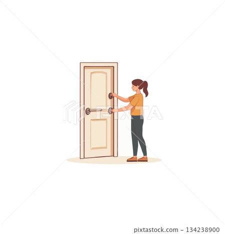 A young woman opening a door, ready to go inside a home or apartment, an welcoming atmosphere and A young woman opening a door, ready to go inside a home or apartment, an welcoming atmosphere and 134238900