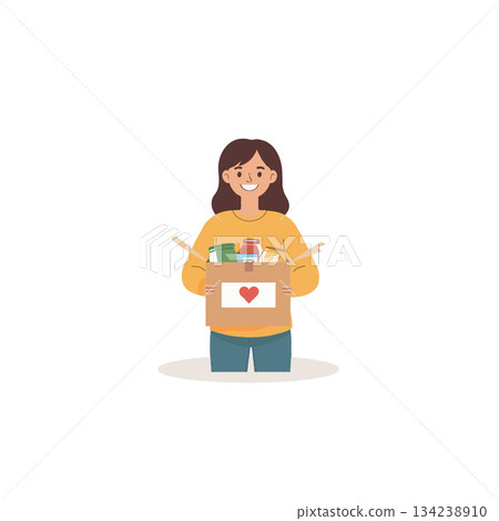 Young woman carrying donation box filled with items, embodying acts of giving and selfless help Young woman carrying donation box filled with items, embodying acts of giving and selfless help 134238910
