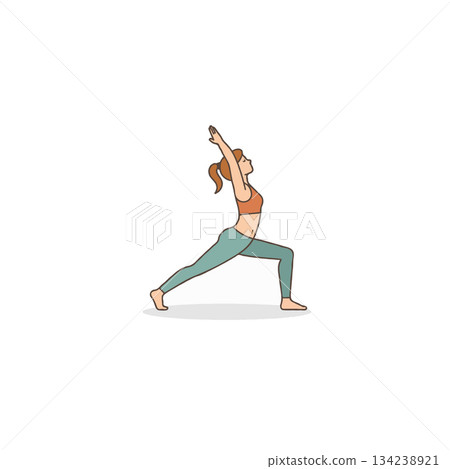 Elegant woman practicing warrior one pose a posture of yoga in a serene wellness session promotes Elegant woman practicing warrior one pose a posture of yoga in a serene wellness session promotes 134238921