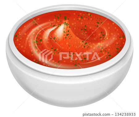 A bowl of red sauce with green herbs A bowl of red sauce with green herbs 134238933