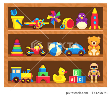 A shelf full of toys including a teddy bear, a car, a train, and a boat 134238940