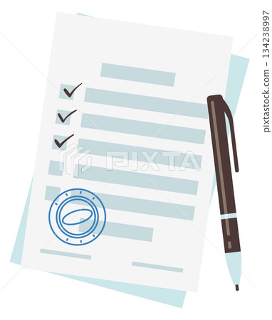 A pen sits on top of a piece of paper with a check mark on it 134238997