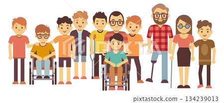 A group of people, including a man in a wheelchair, are standing together A group of people, including a man in a wheelchair, are standing together 134239013