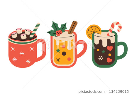 Cozy collection of vector hot drinks for christmas and winter holidays, featuring steaming mugs with cinnamon sticks and candy canes 134239015