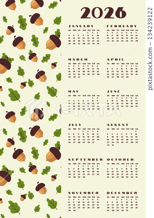 Vertical Calendar 2026 Year Planner Autumn Acorn Leaf Pattern. 134239122