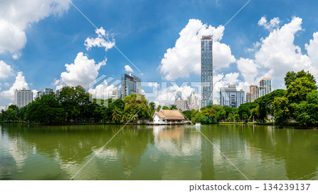 Panoramic view of Bangkok skyline from Lumphini Park, with tall skyscrapers rising above a calm lake surrounded by trees and palms, blending urban energy with peaceful nature. Panoramic view of Bangkok skyline from Lumphini Park, with tall skyscrapers rising above a calm lake surrounded by trees and palms, blending urban energy with peaceful nature. 134239137