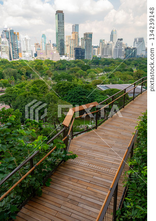 Walkways and wooden paths in Dusit Park on a Bangkok rooftop, surrounded by fresh greenery and offering elevated city views that blend modern design with calm natural space. 134239148