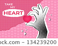 Valentines Day banner template. Composite collage with halftone decorated hand holding heart. Vector illustration 134239200