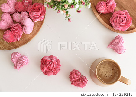 Romantic coffee flat lay with rose and heart shape marshmallow. Valentine's Day celebration. Template 134239213