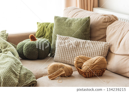 Knitting Setup with Yarn Basket and Cozy Sofa in Sunlit Living Room 134239215