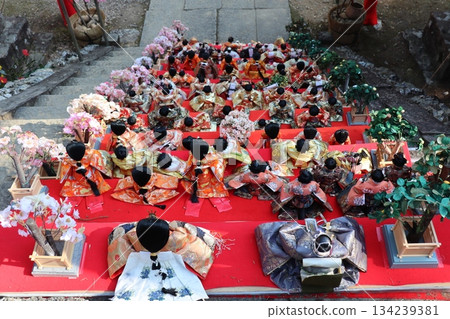 Hina dolls lined up on the stone steps, a magnificent scene of Hinamatsuri (Girls' Festival) heralding the arrival of spring Hina dolls lined up on the stone steps, a magnificent scene of Hinamatsuri (Girls' Festival) heralding the arrival of spring 134239381