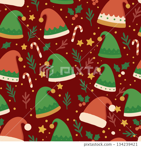 Holiday elf hat and candy cane repeat pattern vector for textile, wrapping paper, background, and apparel. Holiday elf hat and candy cane repeat pattern vector for textile, wrapping paper, background, and apparel. 134239421