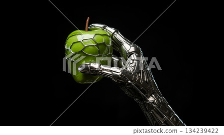robotic hand keeps forbidden green apple, generative ai robotic hand keeps forbidden green apple, generative ai 134239422